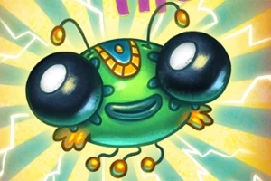 En grøn, tegneserieagtig alien med store øjne, gule antenner og et smilende ansigt, omgivet af stråler på en farverig baggrund