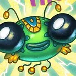 En grøn, tegneserieagtig alien med store øjne, gule antenner og et smilende ansigt, omgivet af stråler på en farverig baggrund