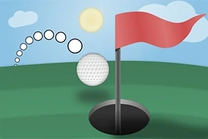En golfbold i bevægelse mod et hul med en rød flag på en golfbane under en blå himmel med sol og skyer