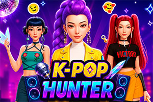 Tre farverige K-pop-inspirerede piger på neonlilla baggrund med højttalere, emojis og stor tekst K-POP HUNTER
