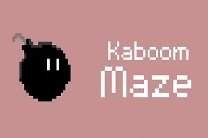 Sort tegneseriebombe med tændsnor ved siden af tekst, der siger Kaboom Maze på rosa baggrund