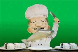 En karikaturkok i hvid uniform holder en fisk og en kniv, med sushi på tallerkener på bordet foran sig og en grøn baggrund