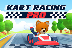 En tegneseriebamse i en rød og hvid gokart på en vej med træer i baggrunden og teksten Kart Racing Pro øverst