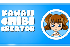 Tegneseriefigur med brunt hår og stor tekst Kawaii Chibi Creator på blå baggrund