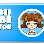 Tegneseriefigur med brunt hår og stor tekst Kawaii Chibi Creator på blå baggrund