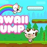 Søde tegneseriefigurer inkludert en kat, en ko, og en lyserød gelé med regnbue og teksten Kawaii Jump på blå baggrund med flydende platforme