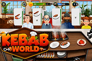 Tegneserieagtig kebabrestaurant med fire ansatte bag disken, grillspyd, tallerkener med mad og stort Kebab World-skilt