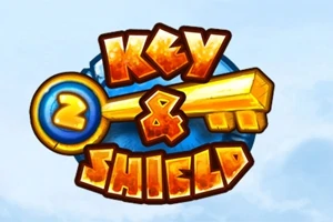 Farverigt logo med teksten Key 2 & Shield i gyldne bogstaver over en blå baggrund
