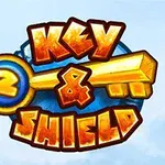Farverigt logo med teksten Key 2 & Shield i gyldne bogstaver over en blå baggrund