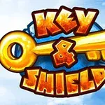 Et stort gult nøgleikon med teksten Key & Shield omgivet af en tegneseriestil baggrund med skyer