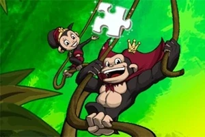 To aber med kroner svinger i lianer i en frodig, grøn jungle, mens en af dem holder en hvid puslespilsbrik