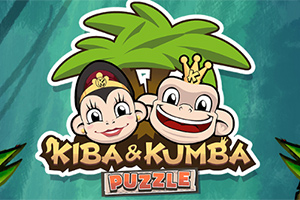 To abeansigter med kroner foran en palme, med teksten Kiba & Kumba Puzzle nedenunder