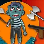 Tegnet zombiefigur omgivet af forskellige våben, inklusiv en økse, pistol, sværd, maskinpistol og bue med pil, mod en orange og sort baggrund