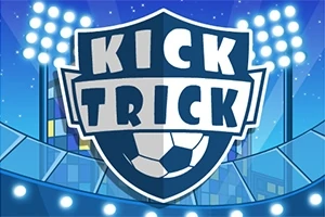 Et skjoldformet logo med teksten Kick Trick over en fodbold, omgivet af stadionlys og blå toner