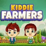 To tegnede børn, en dreng og en pige, står foran et farverigt landbrugslandskab med tekst, der siger Kiddie Farmers