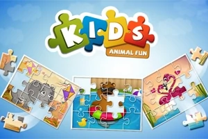 Puslespil med tre illustrationer af dyr, herunder en elefant, en bjørn i en badering og en gul fugl på en cykel, med teksten Kids Animal Fun øverst