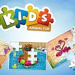 Puslespil med tre illustrationer af dyr, herunder en elefant, en bjørn i en badering og en gul fugl på en cykel, med teksten Kids Animal Fun øverst