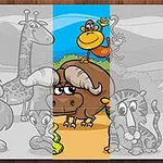 En tegneserieillustration af en savanne med en løve, giraf, bøffel, abe og et landskab med en sol og bjerge i baggrunden
