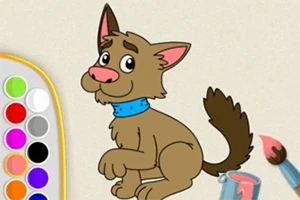 Tegning af en tegneseriehund med en blå halsbånd, omgivet af farvepalet og pensler
