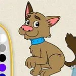 Tegning af en tegneseriehund med en blå halsbånd, omgivet af farvepalet og pensler