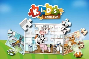 Et tegneseriepuslespil med en ko, omgivet af mælkeflasker og landbrugselementer, samt teksten Kids Farm Fun øverst