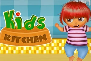 Et barn med rødt hår og stribet bluse står foran en køkkenbaggrund ved siden af teksten Kids Kitchen