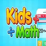 Farverige bogstaver der staver Kids Math ved siden af en smartphone-skærm med en matematisk ligning
