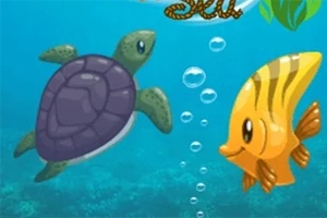En tegneserie-illustration af en grøn havskildpadde og en gul fisk med sorte striber svømmende i havet med luftbobler imellem dem