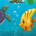 En tegneserie-illustration af en grøn havskildpadde og en gul fisk med sorte striber svømmende i havet med luftbobler imellem dem