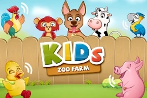 Tegneserie dyr, herunder en hane, abe, hund, ko, papegøje, kylling og gris, foran et hegn med teksten KIDS ZOO FARM