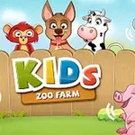 Tegneserie dyr, herunder en hane, abe, hund, ko, papegøje, kylling og gris, foran et hegn med teksten KIDS ZOO FARM