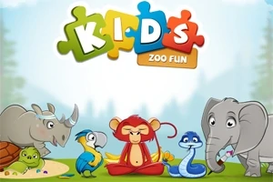 Tegning af en næsehorn, papegøje, abe, slange og elefant under teksten Kids Zoo Fun i farverig puslespilsstil