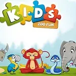 Tegning af en næsehorn, papegøje, abe, slange og elefant under teksten Kids Zoo Fun i farverig puslespilsstil