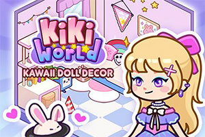 Pastelfarvet tegneseriepige med blond hestehale i et kawaii-indrettet værelse med kanin, møbler og teksten KiKi World