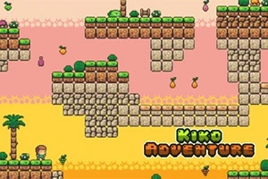 Pixel-art platforms og blokke i forskellige niveauer med en farverig baggrund, samt objekter og vegetation spredt rundt i et retro spilunivers