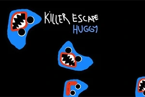 Blå ansigter med store øjne og åbne munde med skarpe tænder på sort baggrund, med teksten Killer Escape Huggy