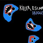 Blå ansigter med store øjne og åbne munde med skarpe tænder på sort baggrund, med teksten Killer Escape Huggy