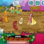 Tegneserieagtig scene med figurer, der holder skilte med slogans som Eat Your Veggies og Eat Green, omgivet af animeret mad som hotdogs og bacon, med et farverigt landskab i baggrunden