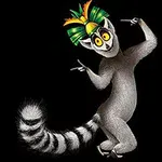 En animeret lemur iført en farverig, eksotisk hovedbeklædning danser på en sort baggrund