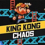 En pixelkunst-karakter med skæg og hammer står på en blå platform med en stige, omgivet af en banan og lyserøde tønder, med teksten King Kong Chaos i midten