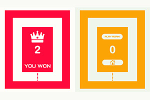 En grafisk skærm opdelt i to felter, det venstre i rød med en krone, tallet 2 og teksten You Won, og det højre i orange med tallet 0 og mulighed for at spille igen