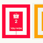 En grafisk skærm opdelt i to felter, det venstre i rød med en krone, tallet 2 og teksten You Won, og det højre i orange med tallet 0 og mulighed for at spille igen
