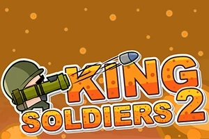 En tegneseriefigur med hjelm sigter en bazooka mod teksten KING SOLDIERS 2 på en orange baggrund