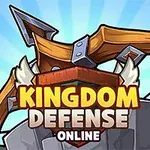 En stor armbrøst bag en mur med teksten Kingdom Defense Online foran en blå strålebagtgrund