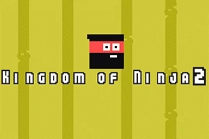 En pixeleret firkantet ninja med rødt og sort bånd er placeret centralt på en gul baggrund med teksten Kingdom of Ninja 2