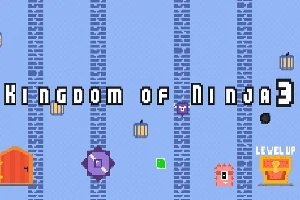 Tekst Kingdom of Ninja 3 vises på en blå baggrund med murstensmønster, omgivet af forskellige pixelerede ikoner som lamper, en dør og en Level Up skilt