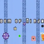 Tekst Kingdom of Ninja 3 vises på en blå baggrund med murstensmønster, omgivet af forskellige pixelerede ikoner som lamper, en dør og en Level Up skilt