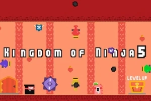 Farverigt pixelkunstbillede med teksten Kingdom of Ninja 5, der viser forskellige symboler og figurer på en rød og orange baggrund