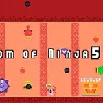 Farverigt pixelkunstbillede med teksten Kingdom of Ninja 5, der viser forskellige symboler og figurer på en rød og orange baggrund