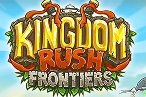 Kingdom Rush Frontiers Farverigt skilt med teksten Kingdom Rush Frontiers i tegneseriestil mod en blå himmel med skyer